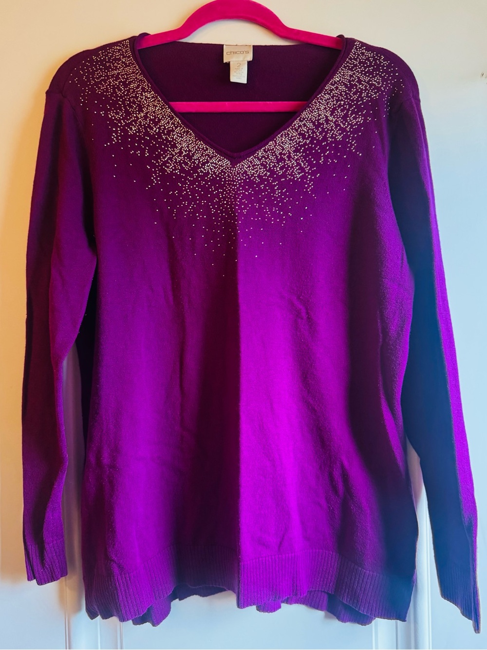 Purple V-Neck Top with Rhinestone Accent
